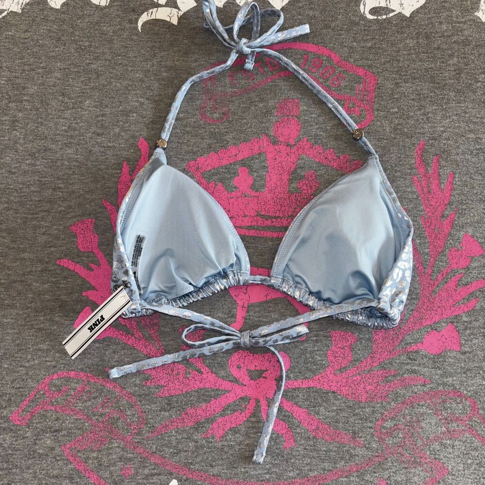 Victoria’s Secret PINK Icy Blue Leopard Foil Triangle String Bikini Top - M-DD - Picture 4 of 8